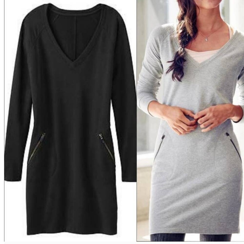 Athleta Enchanted Sweater Dress XS Black Cozy Fleece Lined V Neck Long Sleeve